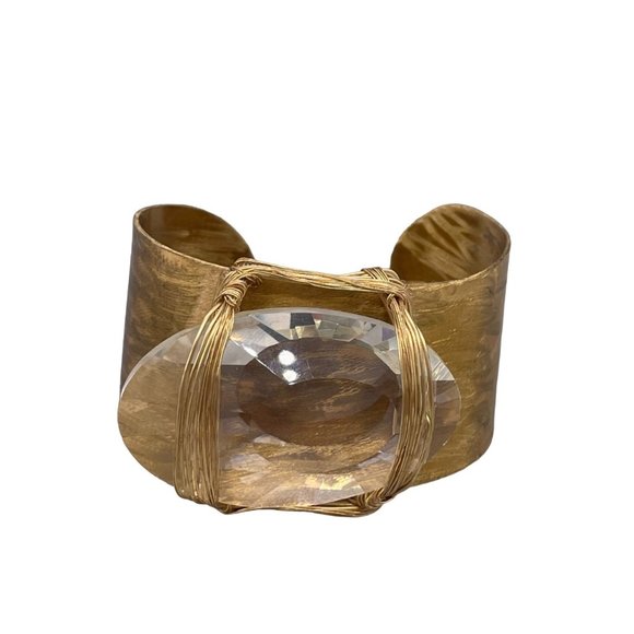 N/A Jewelry - Wire Wrapped Large Crystal Cuff Bangle Bracelet Expandable Gold Tone